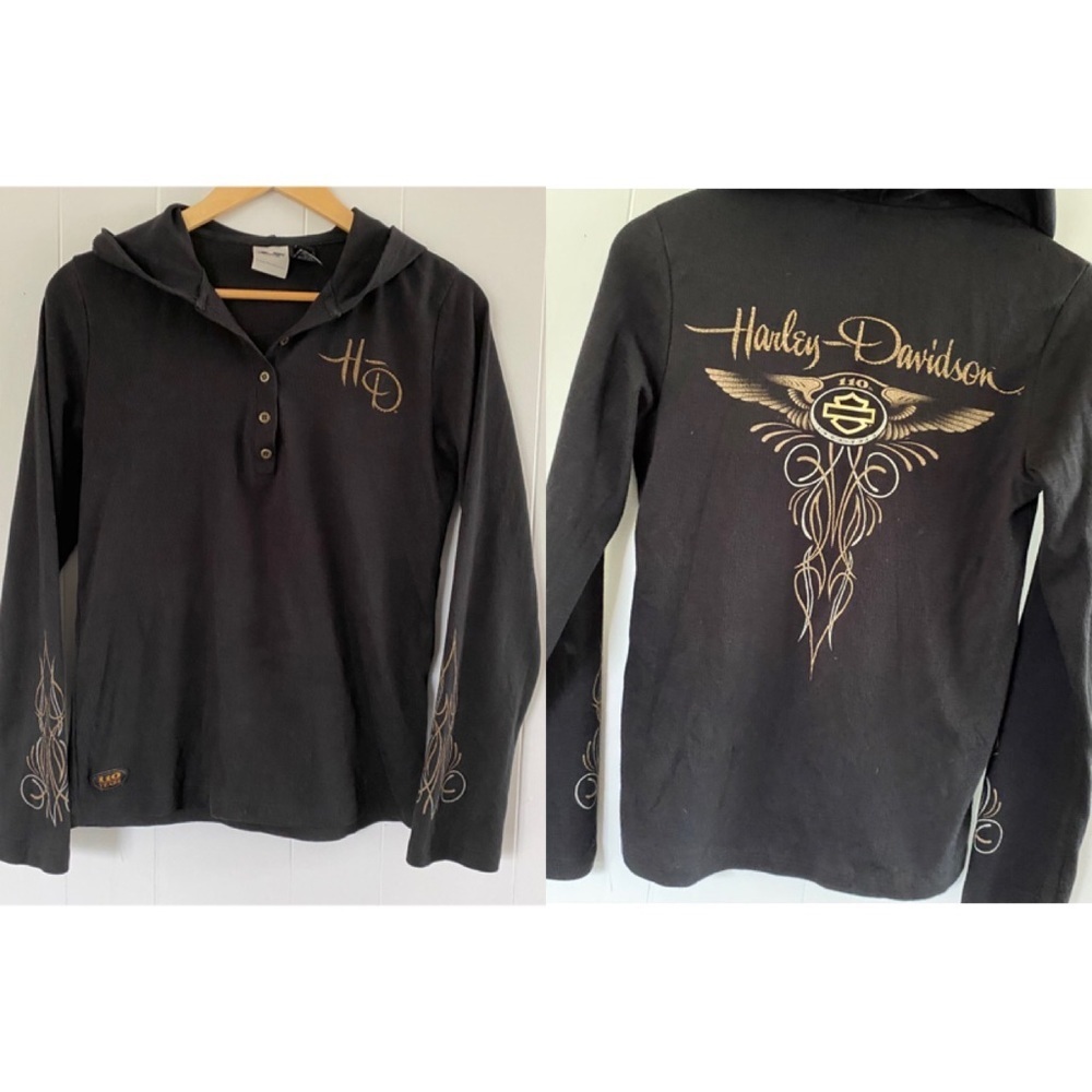Retro Harley Davidson Made in USA Gold Thermal Hoodie Hood Henley Black Sparkly